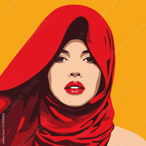 Vibrant red hijab on a woman with bold red lipstick