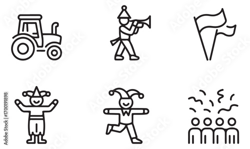 Outline parade and carnival icons, celebration vector illustrations with floats, confetti, audience, dancing people, and festive elements