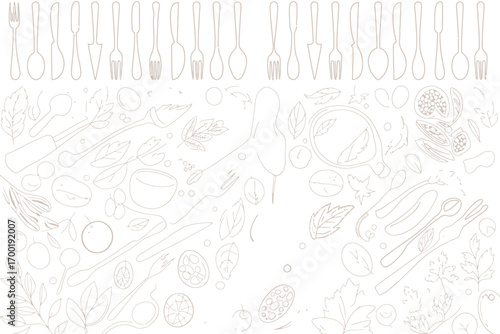 Outlines of silverware and food items creating a culinary themed background illustration design art