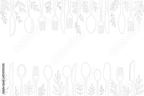 Elegant white background with cutlery and leaf patterns arranged in top and bottom borders design