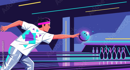 Vibrant illustration of a man bowling with retro style inside a neon bowling alley scene