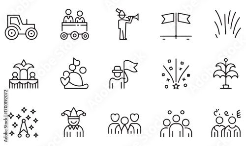 Festival parade vector set, outline icons of celebration, party, flags, cheering crowd, joyful holiday events, and performance graphics
