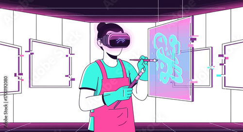 Virtual reality artist creating digital artwork futuristic creative innovation modern art gallery