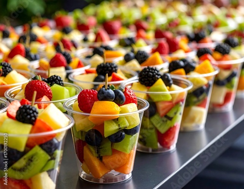 Colorful fruit salad cups displayed in rows