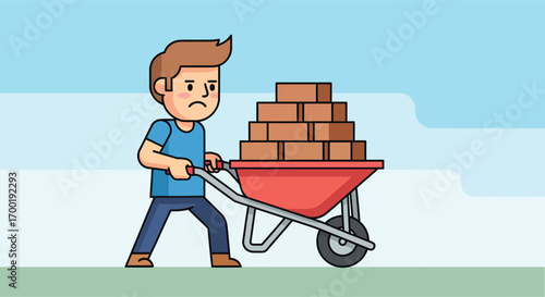 Cartoon boy struggling to push a heavy wheelbarrow full of bricks.