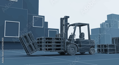 Wireframe rendering of a forklift transporting goods in a warehouse or distribution center