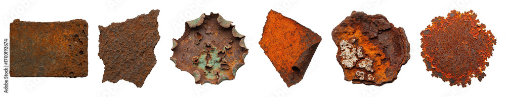 Obraz premium Rusted metal pieces set including brown, orange, and green corroded fragments isolated. Industrial grunge textures.
