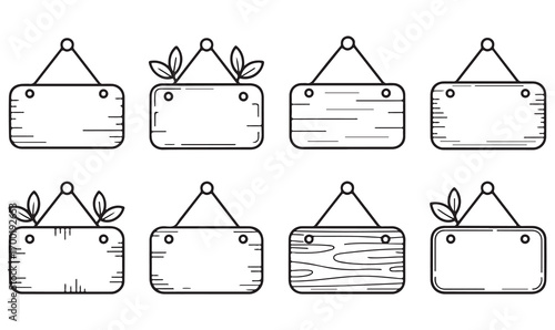 Wooden signage vector collection, outline hanging boards with eco leaves, rustic blank templates, decorative natural panels set