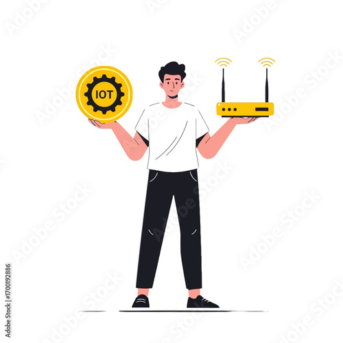 Illustration of man holding an iot symbol and a wireless router