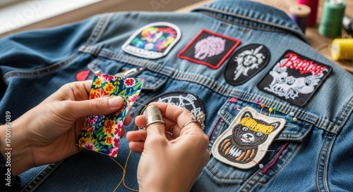 Close-up of Woman's Hands Sewing Floral Fabric Patch onto Denim Jacket Decorated with Patches