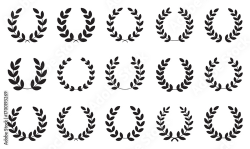 Black laurel icons, wreath silhouette symbols of success, recognition, triumph, achievement and excellence, classical award vector graphics