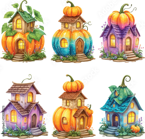 Whimsical halloween pumpkin house collection set art
