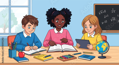 Diverse group of young students studying together at a desk.