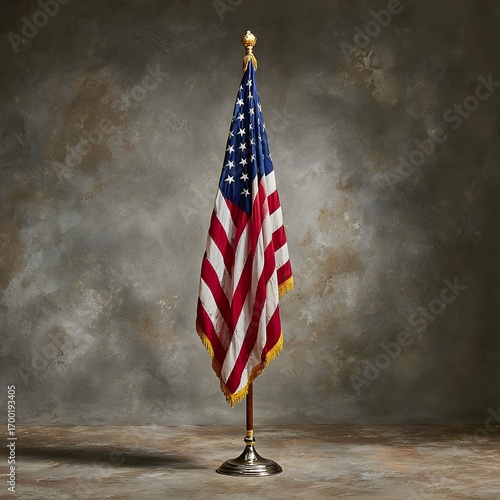 The American flag stands upright indoors, draped on a polished metal base with a golden ornamental finial against a textured wall.