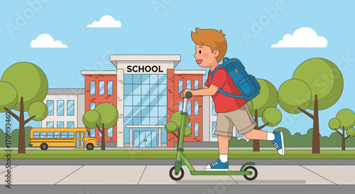 Happy young schoolboy with a backpack riding a scooter.