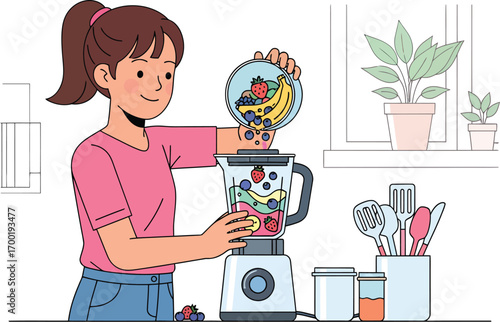 Happy young woman preparing a healthy fruit smoothie in a blender.