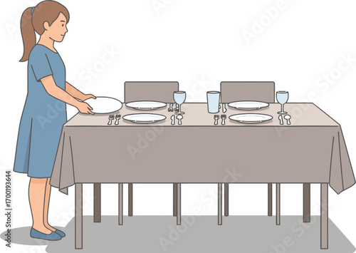 Illustration of a woman in a blue dress setting the table.