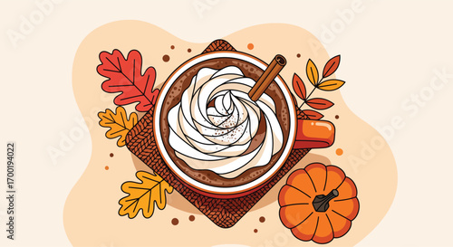 Top down view of a hot chocolate drink with whipped cream.