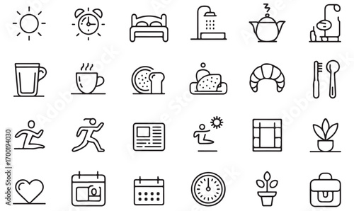 Daily activity vector icons, outline morning routine set including breakfast, coffee, toothbrush, exercise, calendar, and wellness lifestyle