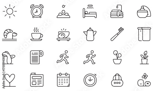 Collection of morning lifestyle icons, minimal vector set of coffee, food, alarm, hygiene, fitness, and schedule routine outline graphics