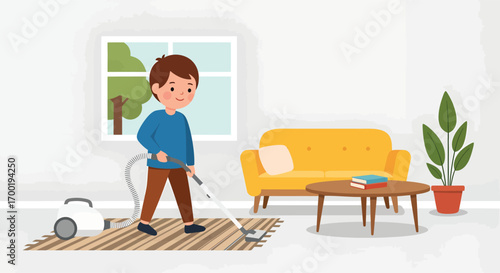 Young boy diligently vacuuming a striped rug at home.