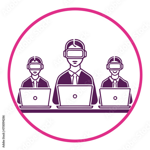 Team Collaboration in the Metaverse Virtual Reality Meeting and Digital Workspace with Avatars and Laptops in a Circle