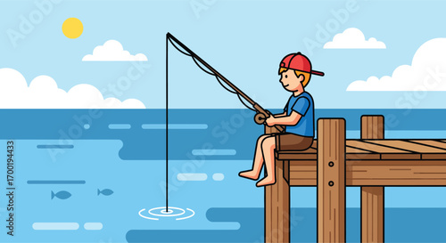 Young boy with a red cap fishing from a wooden pier.