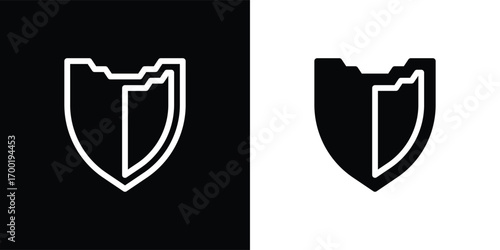 A modern shield-shaped vector illustration icon with a minimalist geometric style. This design features a symmetrical shape resembling a flower or abstract symbol, available in both solid and outline 