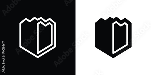 A modern shield-shaped vector illustration icon with a minimalist geometric style. This design features a symmetrical shape resembling a flower or abstract symbol, available in both solid and outline 