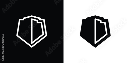 A modern shield-shaped vector illustration icon with a minimalist geometric style. This design features a symmetrical shape resembling a flower or abstract symbol, available in both solid and outline 