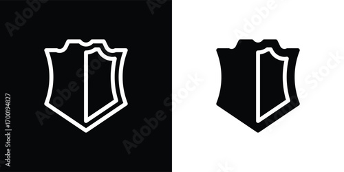 A modern shield-shaped vector illustration icon with a minimalist geometric style. This design features a symmetrical shape resembling a flower or abstract symbol, available in both solid and outline 