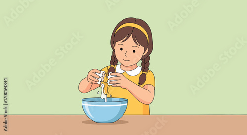 Young girl with pigtails carefully pouring powder into a bowl.