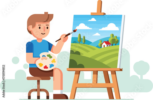 Young male artist sitting on a stool painting a landscape.