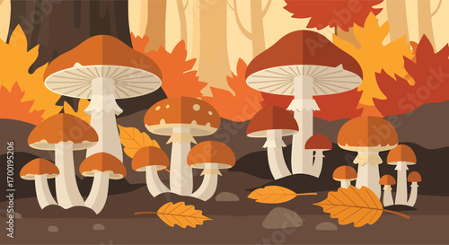 A vibrant flat design illustration of a mushroom family.