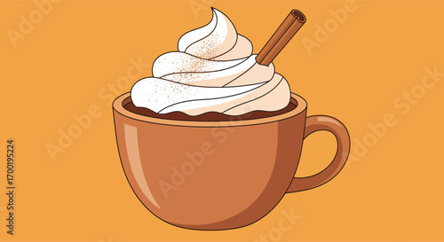 A delicious cup of hot chocolate with whipped cream and a cinnamon stick.