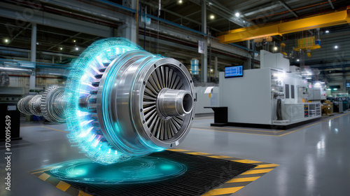 Hybrid concept: turbine in physical factory setting with holographic twin hovering above, clean margin.