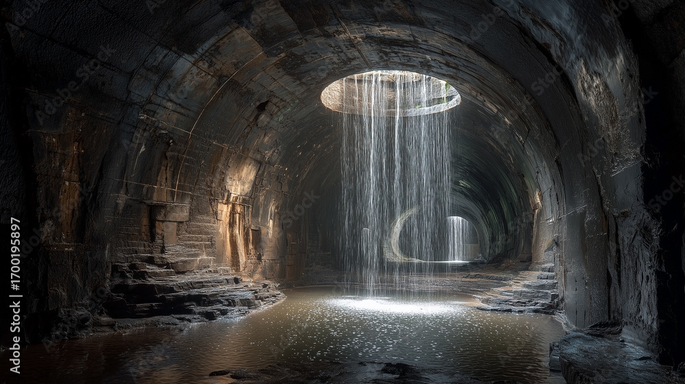 Naklejka premium A tunnel with a waterfall in the middle
