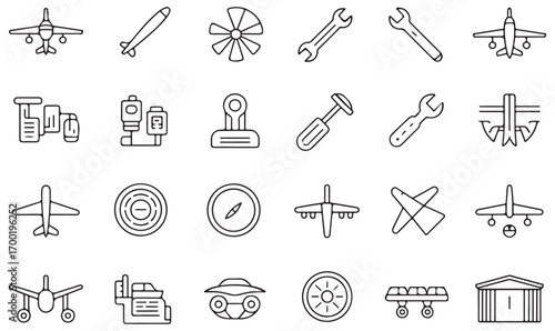Collection of aviation outline icons, airplanes, hangars, tools, navigation dials, flight equipment, aerospace vector transport illustrations
