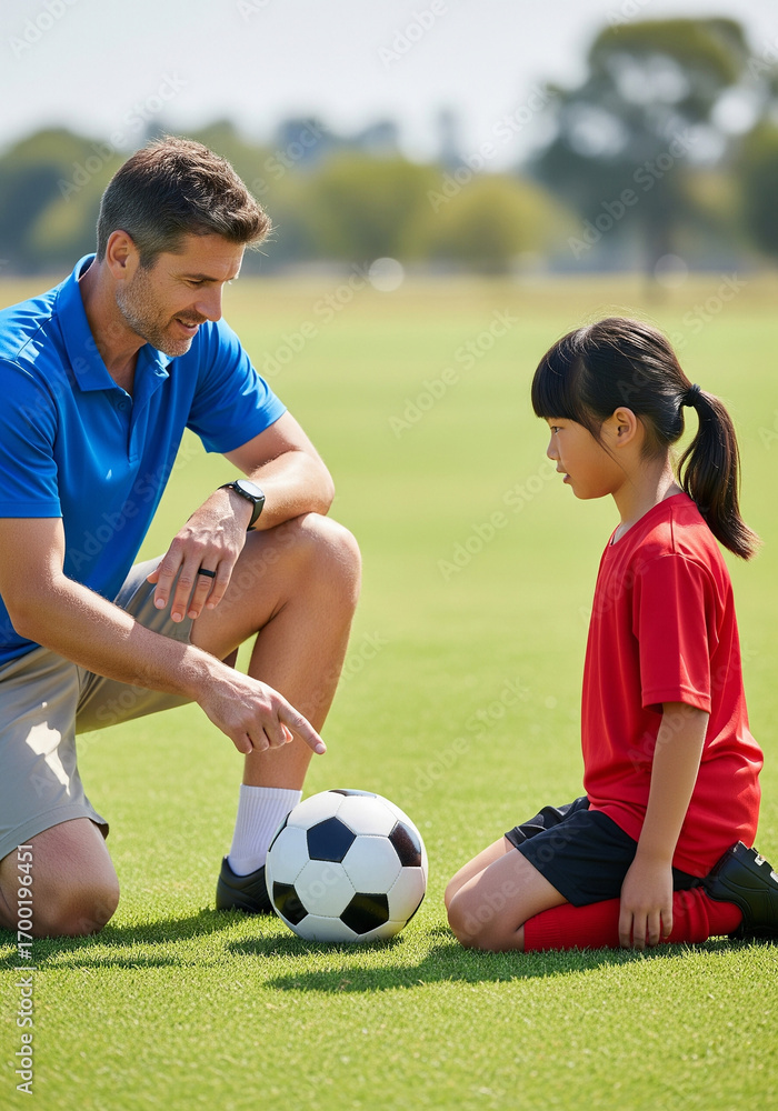 Obraz premium Coach guiding young girl with soccer ball