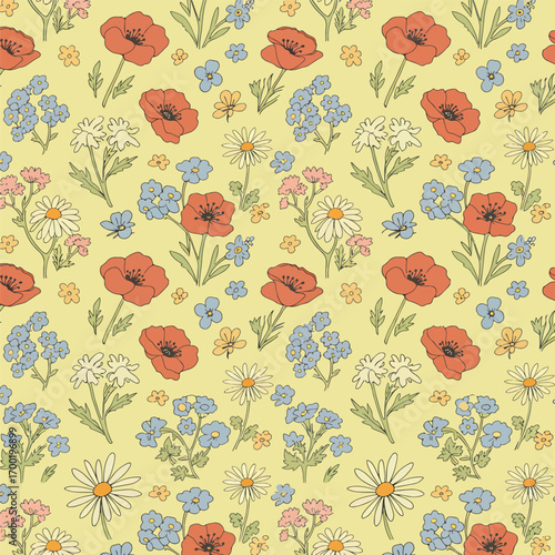 Retro floral pattern with poppies, daisies, and forget-me-nots on a yellow background, seamless pattern, royalty free stock.