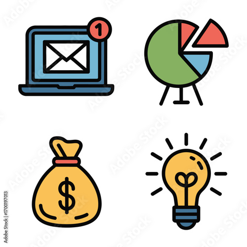 Business symbols representing digital communication finance data analysis and innovative ideas vector illustration