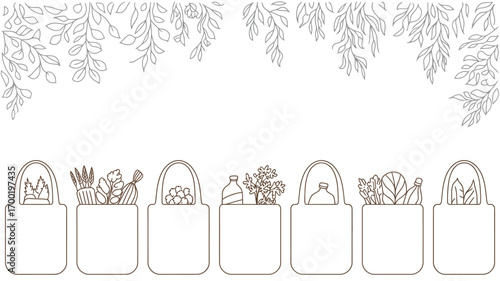 Outline drawing of reusable bags filled with groceries and leafy branches at the top edge