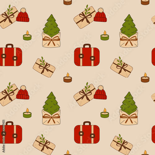 Seamless Christmas travel vector pattern with suitcase, tree, gifts, hat and candles on beige background. Holiday design for packaging and decor.