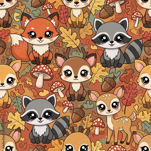 Seamless autumn pattern with cute woodland animals and fall leaves design, seamless pattern, royalty free stock.