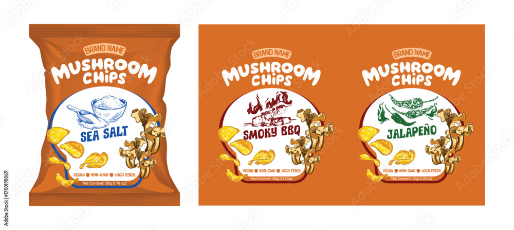 Fototapeta premium Mushroom Chips Packaging Set – Sea Salt, Smoky BBQ, Jalapeño