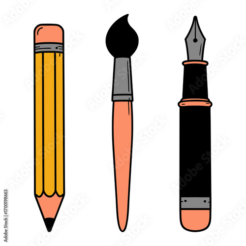 Illustration of pencil, paintbrush and fountain pen on vector illustration