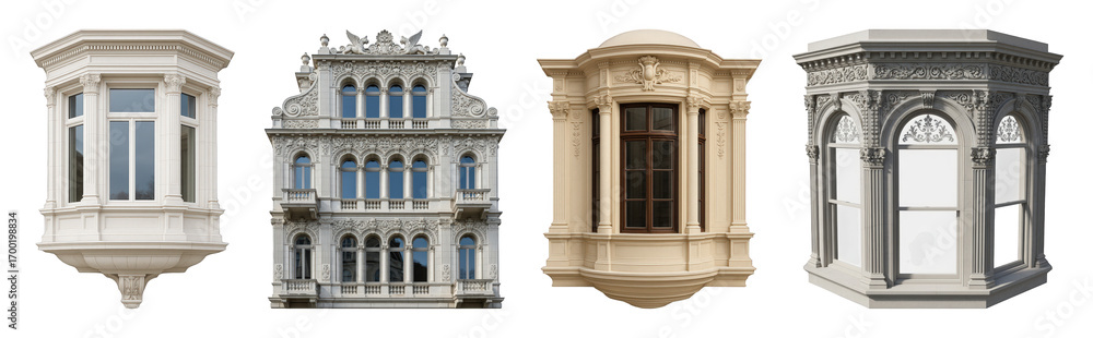 Obraz premium Ornate architectural elements set including bay windows, classical facades, and decorative windows isolated. European building design components.