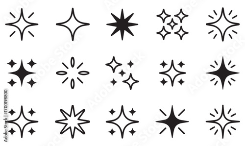 Collection of outline sparkle icons, glitter stars, cosmic twinkle symbols, radiant celestial light shapes, minimal decorative vector elements
