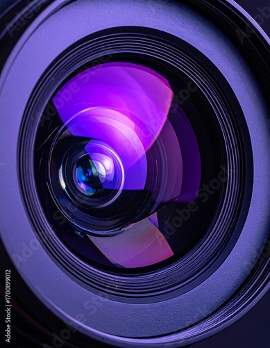 Close-up view of a camera lens, showcasing intricate details and vibrant purple hues.