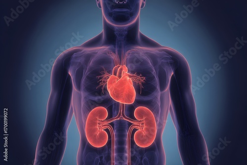 Human body internal anatomy shows heart and kidney organs. This medical biology illustration highlights vital systems for study.
